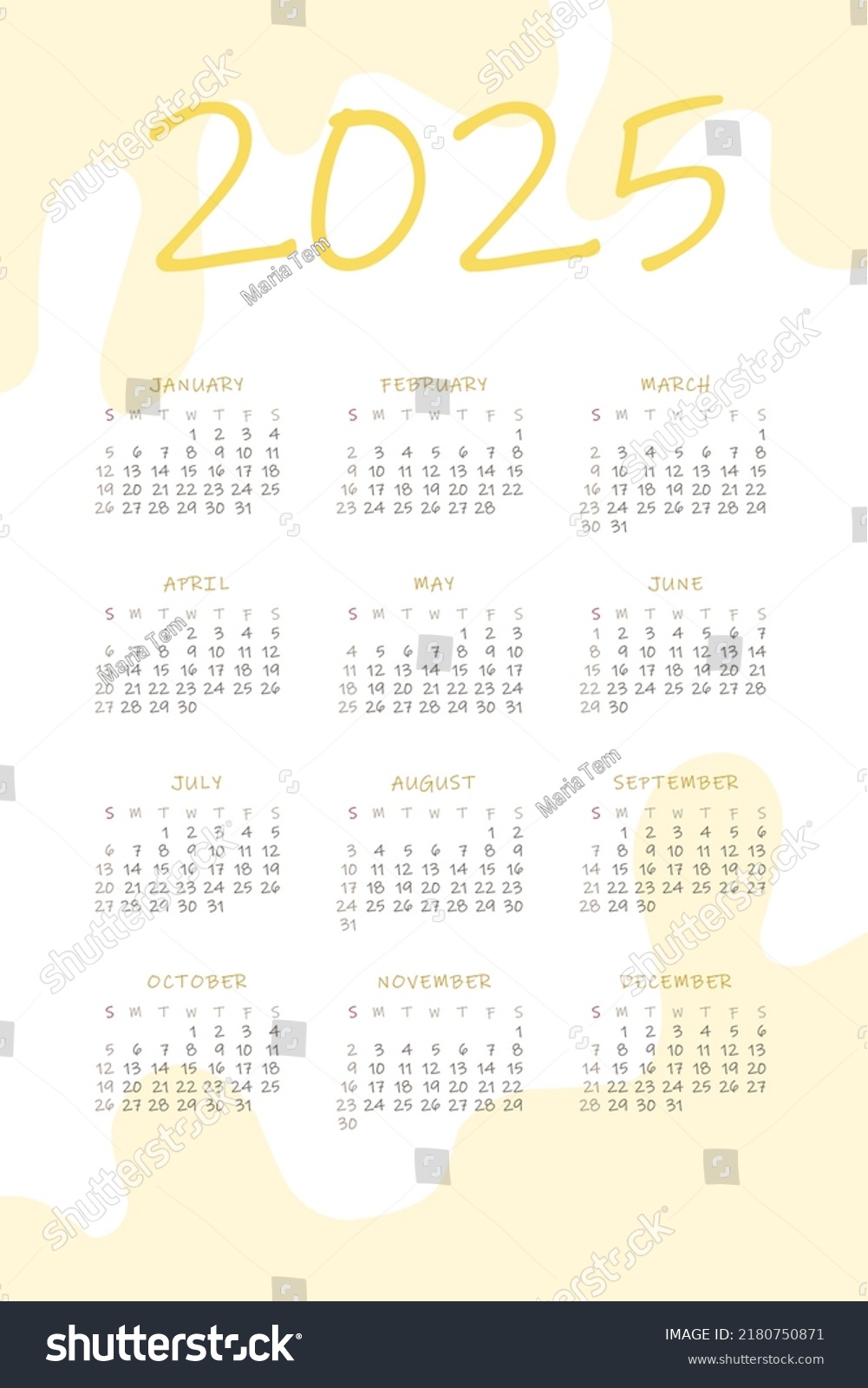 2025 Calendar Delicate Minimalist Design Pastel Stock Vector (Royalty