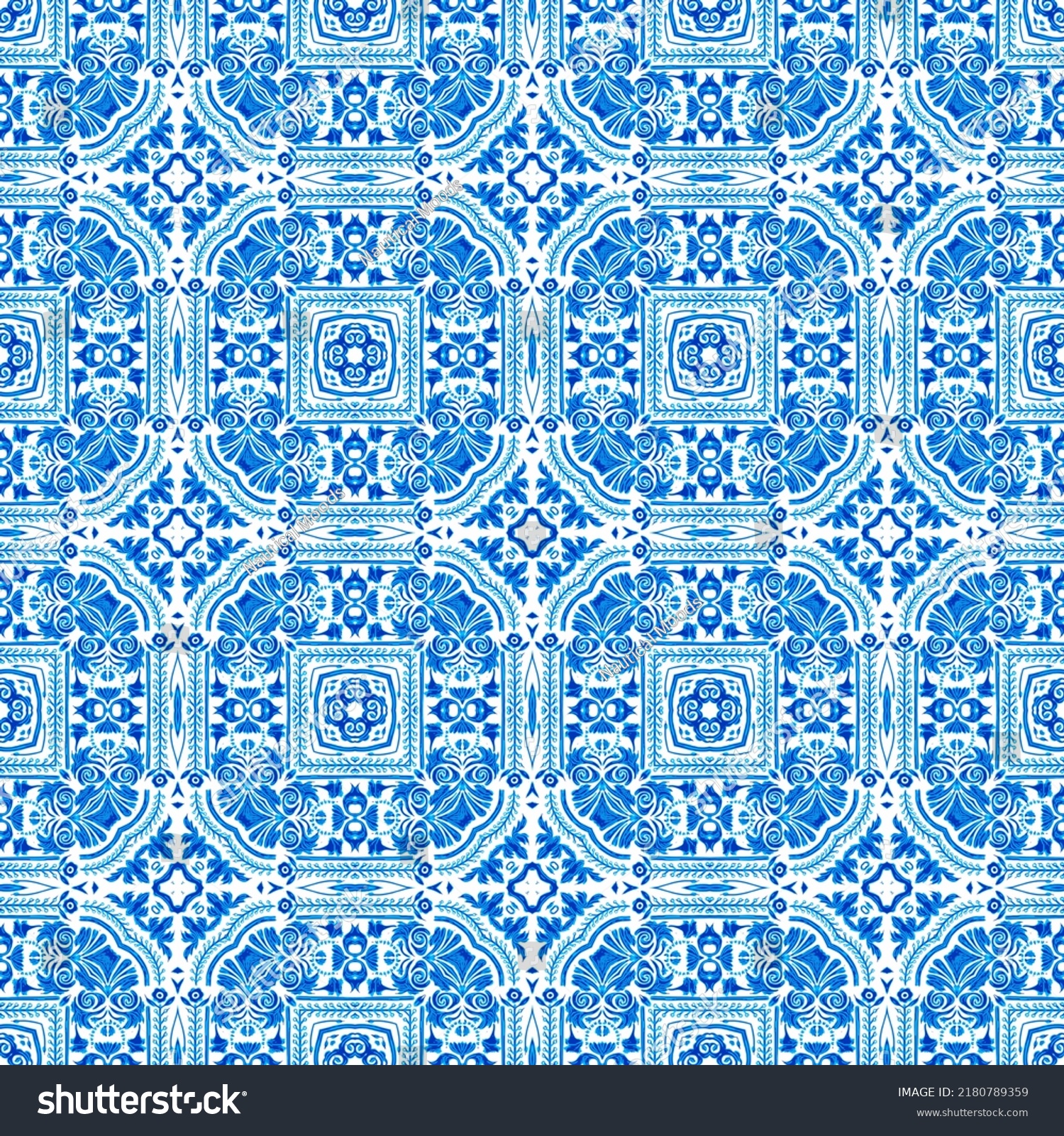 Blue White Watercolor Azulejos Tile Background Stock Illustration ...