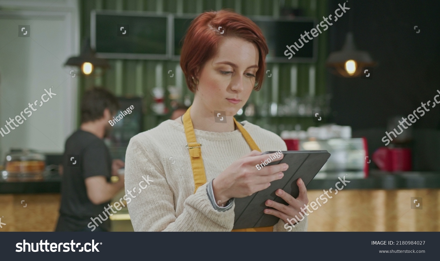 Young Employee Woman Wearing Apron Standing Stock Photo 2180984027 ...