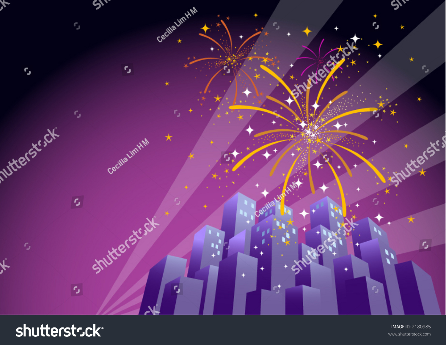 Searchlights Shining Night Sky Fireworks Exploding Stock Vector ...