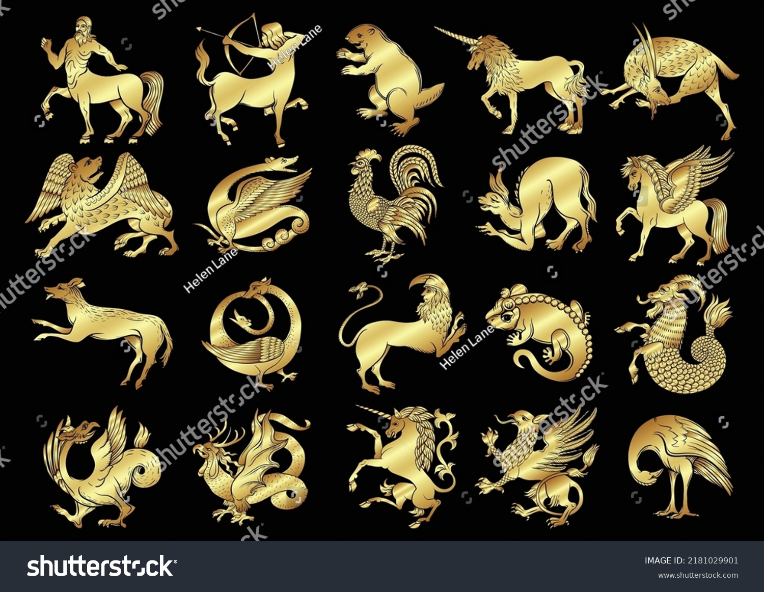 Heraldic Mythical Animals Creatures Traditional Character Stock Vector