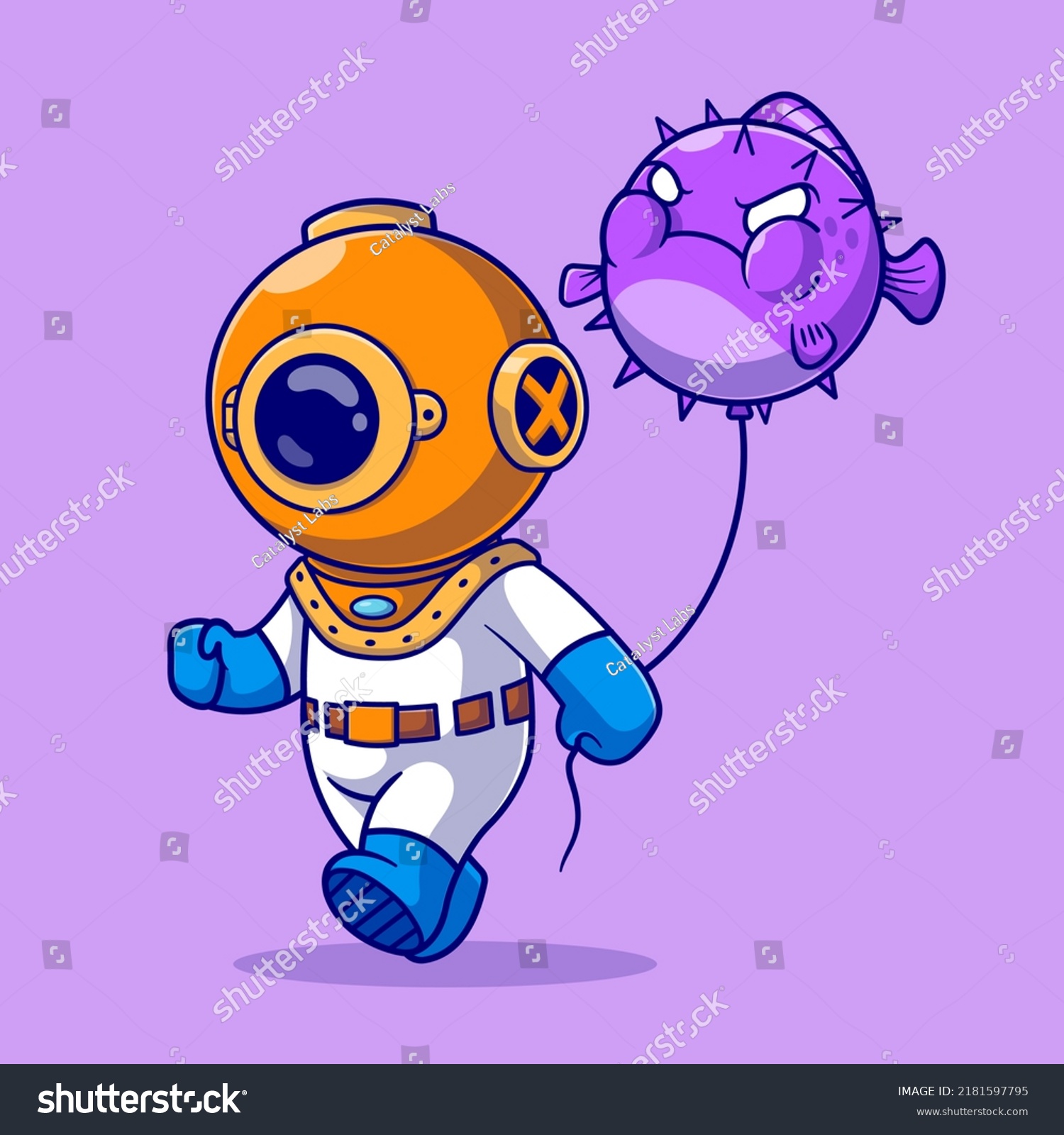 Cute Diver Holding Angry Puffer Fish Stock Vector (Royalty Free ...