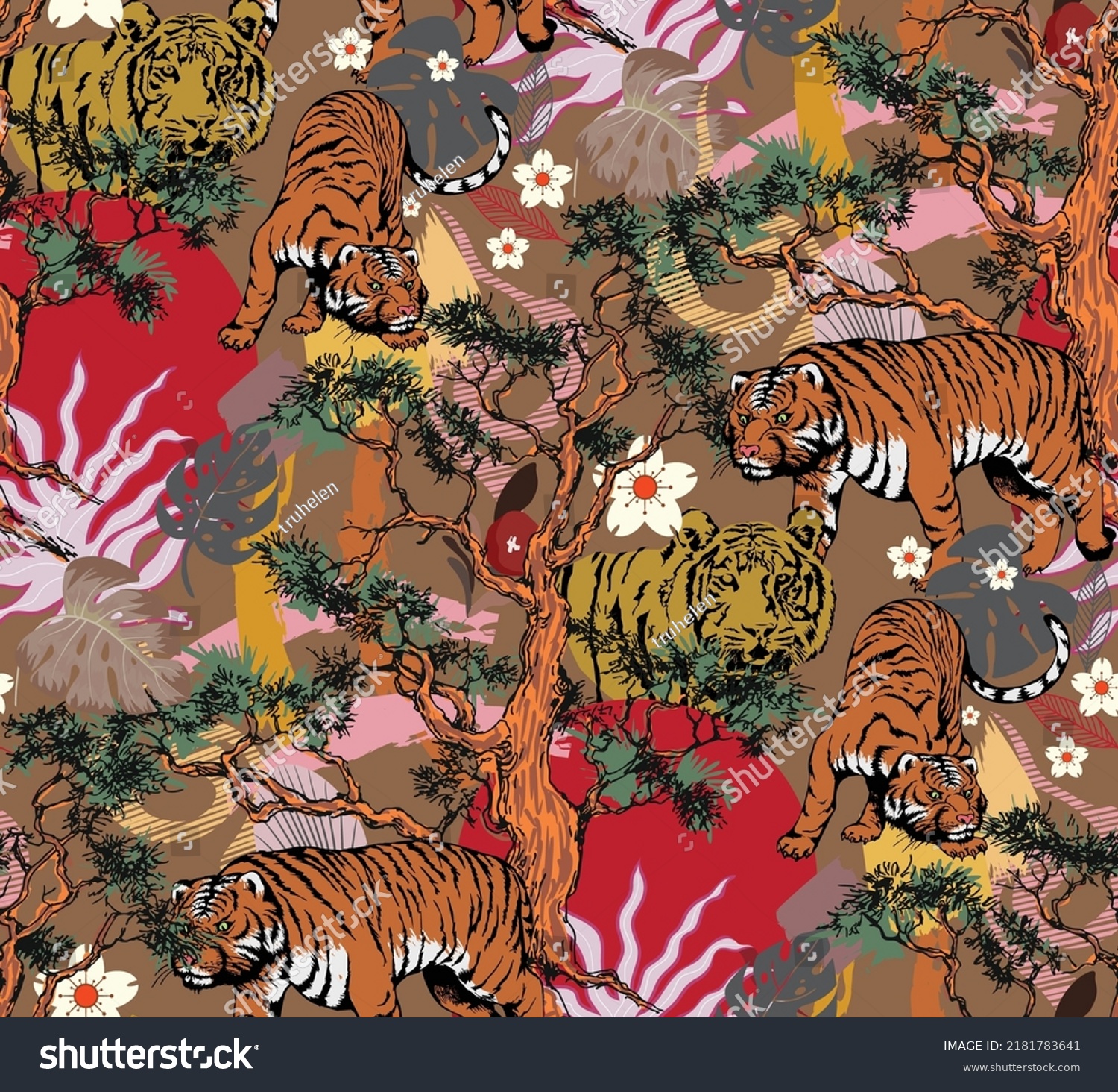 Seamless Pattern Tiger Flowers Suitable Fabric Stock Vector (Royalty ...