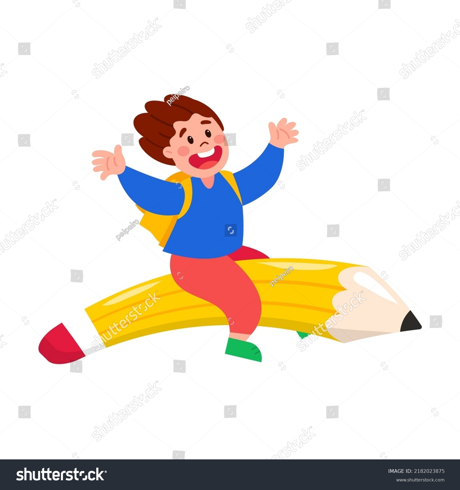 Cartoon Cute Boy Flying On Pencil Stock Vector (Royalty Free ...