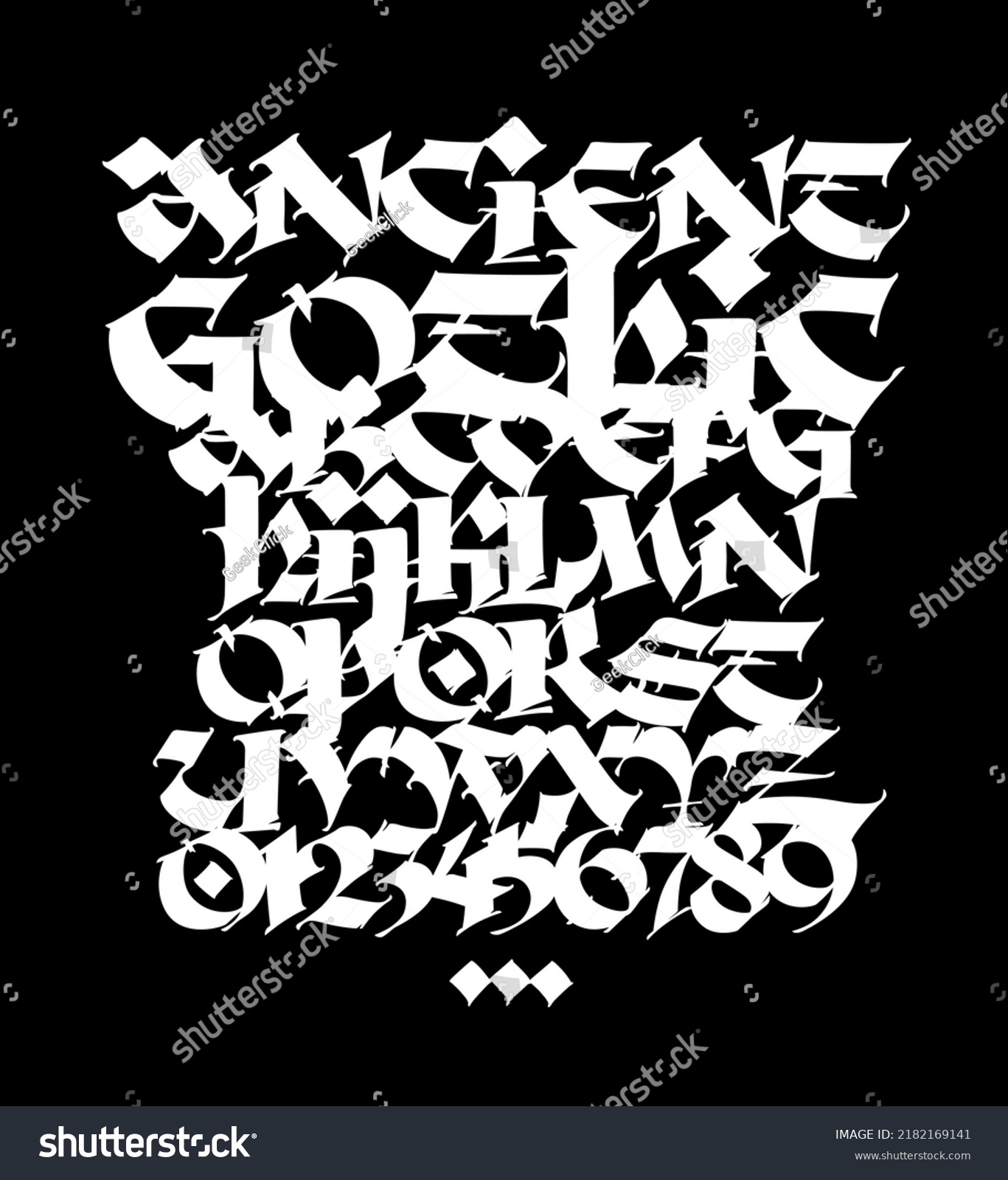 Gothic Complete Alphabet Vector Numbers Medieval Stock Vector Royalty   Stock Vector Gothic Complete Alphabet Vector Numbers Medieval Latin White Letters On A Black Background 2182169141 