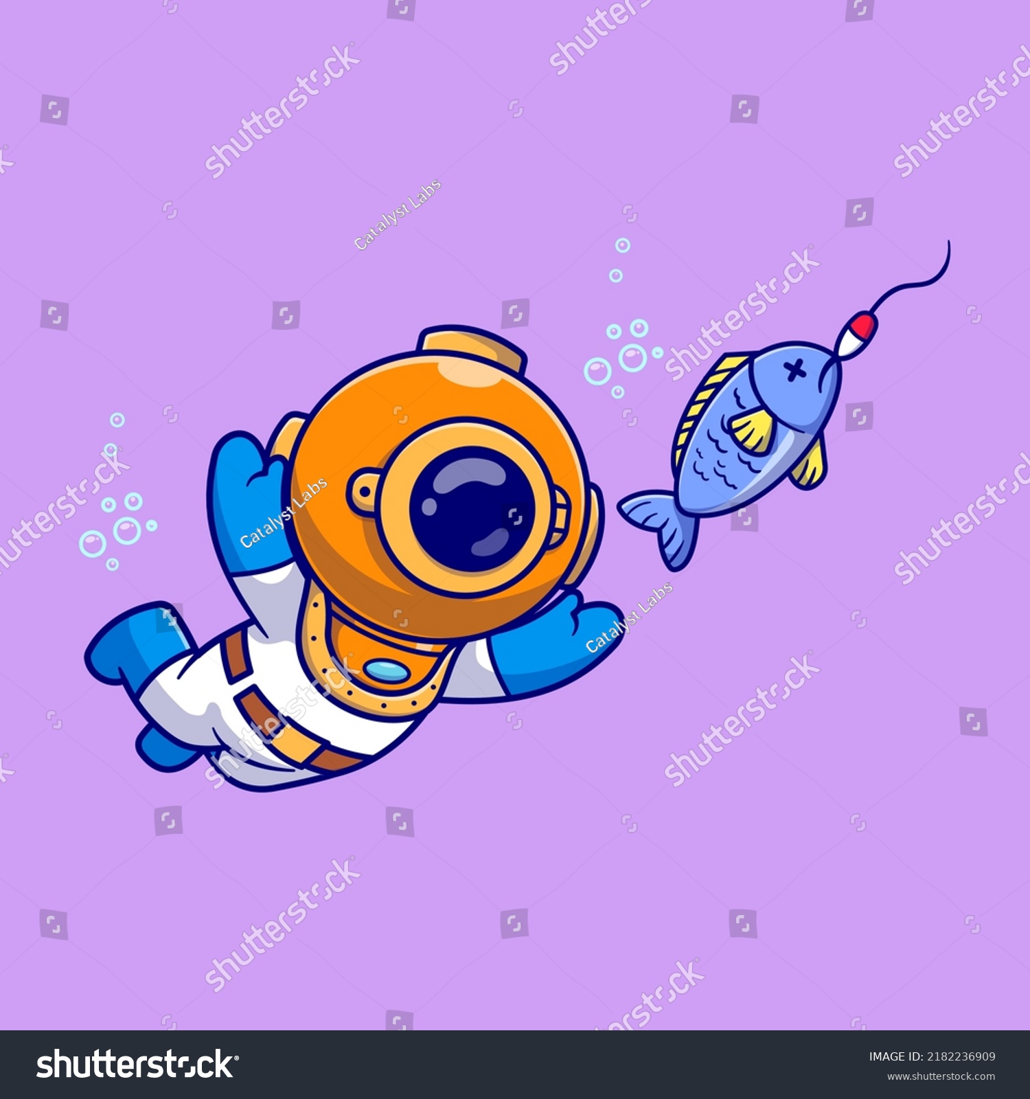 Cute Diver Catching Fish Cartoon Vector Stock Vector (Royalty Free ...