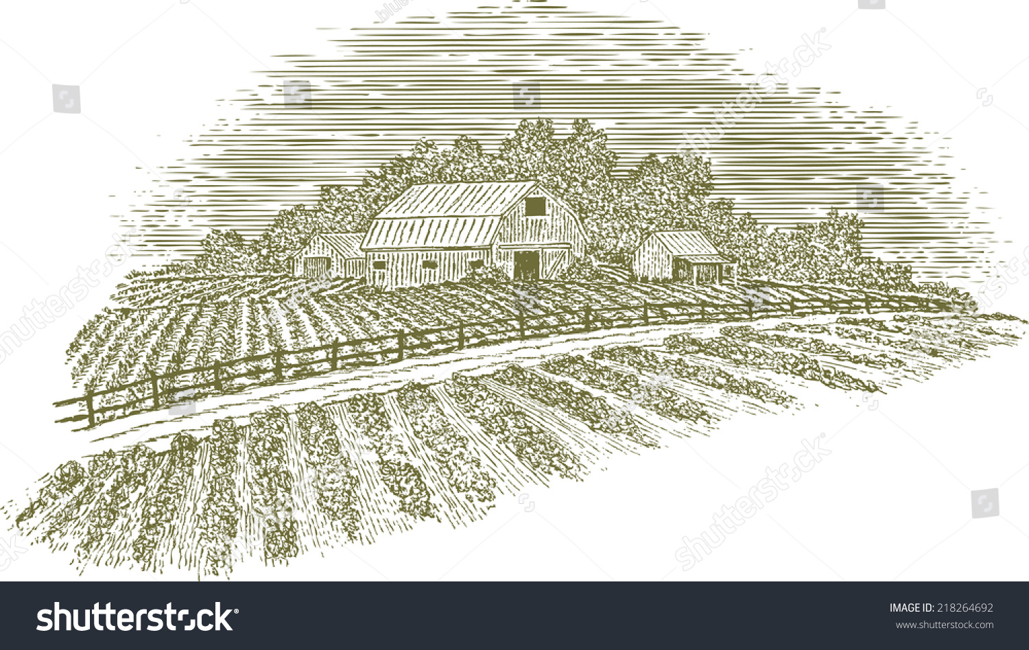 Woodcutstyle Illustration Country Road Passing By Stock Vector (Royalty ...