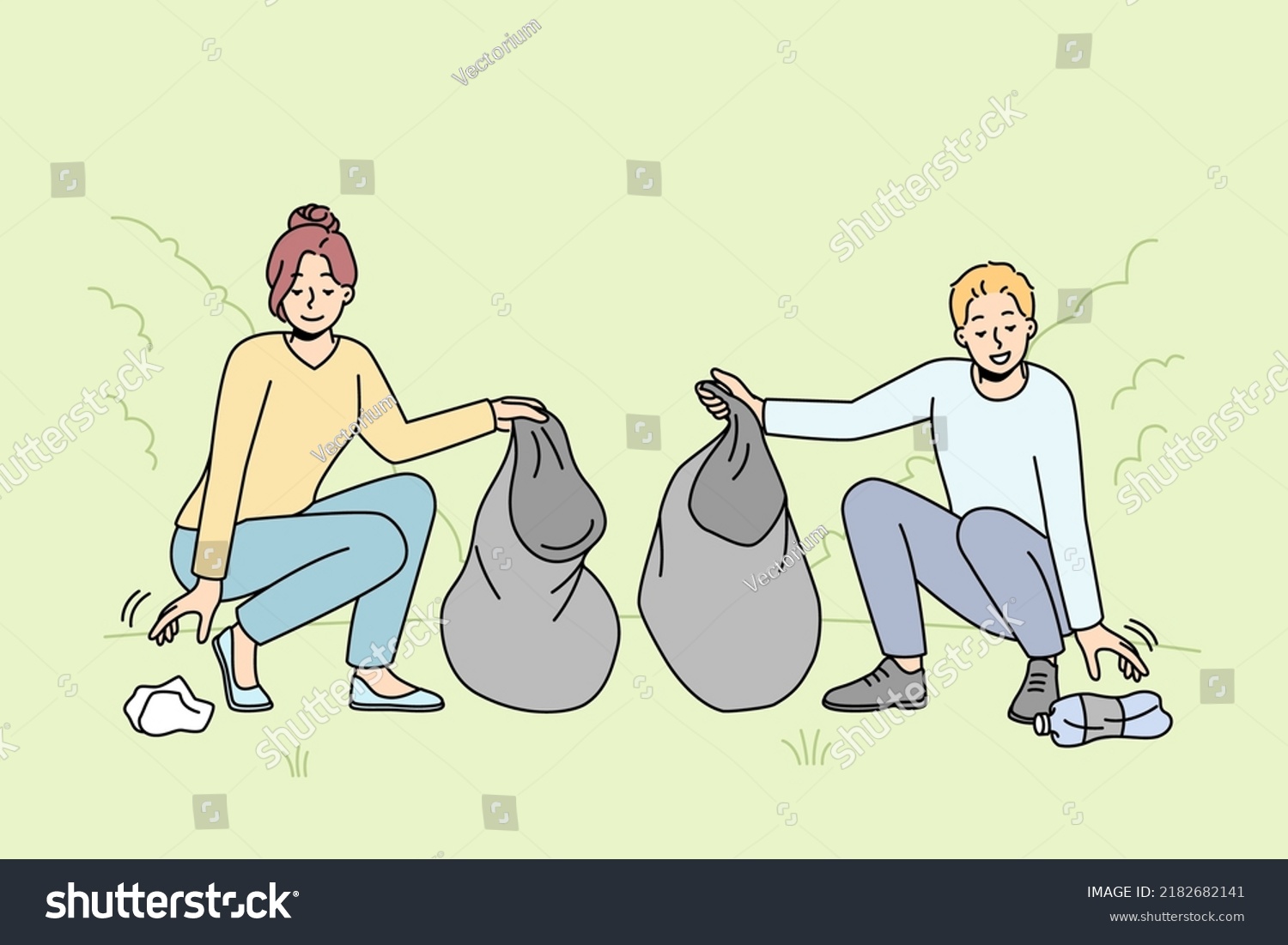 Man Woman Pick Trash On Street Stock Vector (Royalty Free) 2182682141 ...