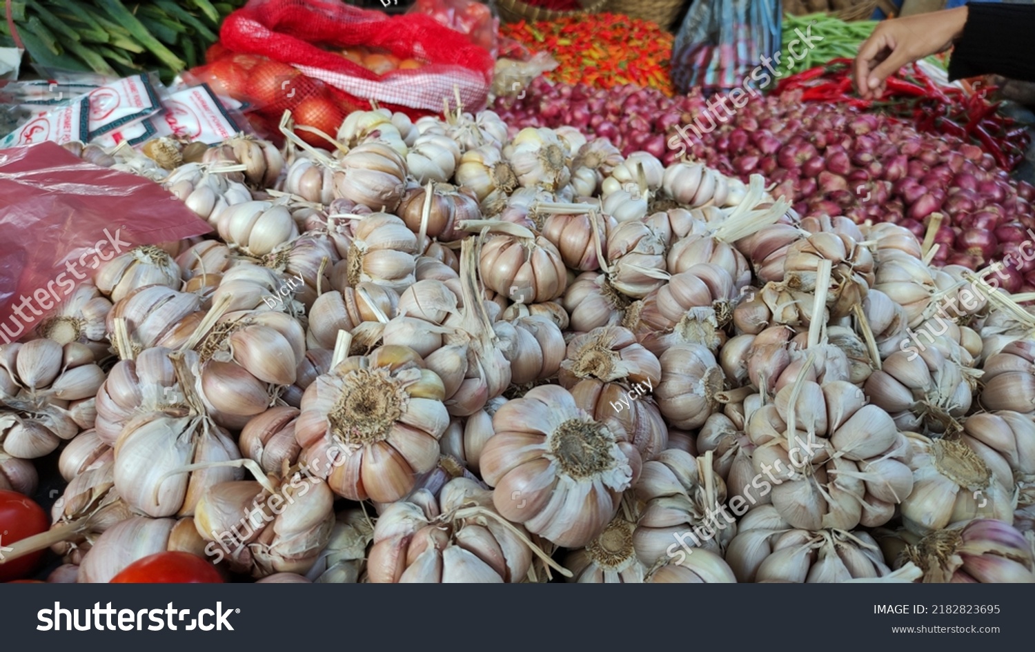 Pile Garlic Shallot Onion Chili Traditional Stock Photo 2182823695