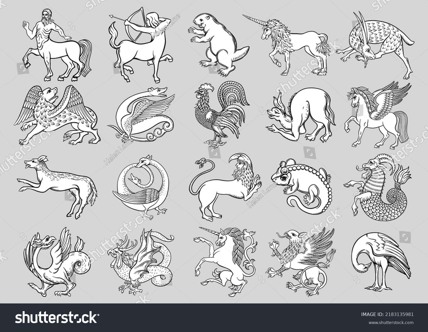 Heraldic Mythical Animals Creatures Traditional Character Stock Vector