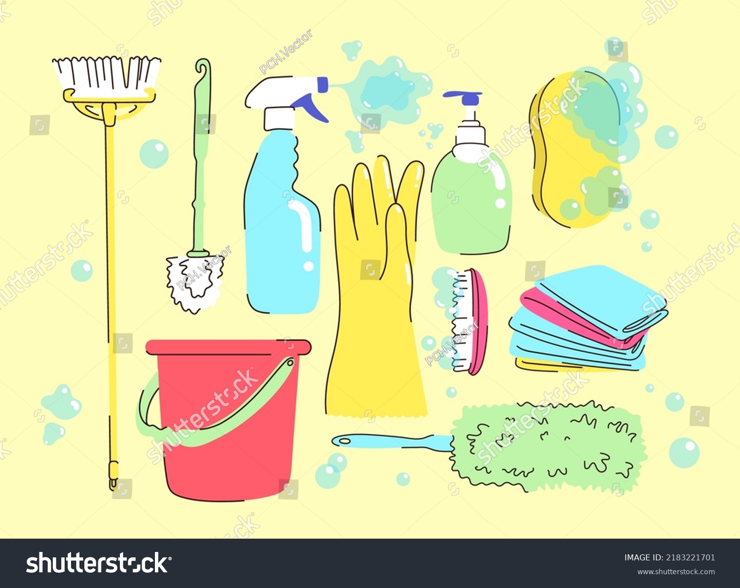 Household Cleaning Supplies Cartoon Illustration Set Stock Vector