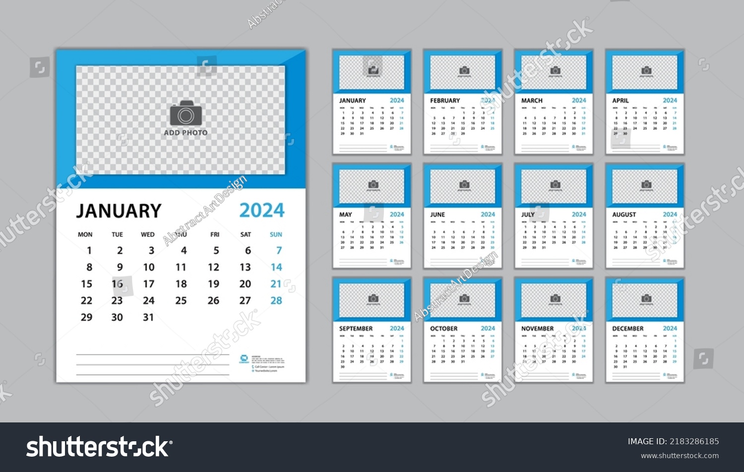 Calendar 2024 Template Set On Blue Stock Vector (Royalty Free ...