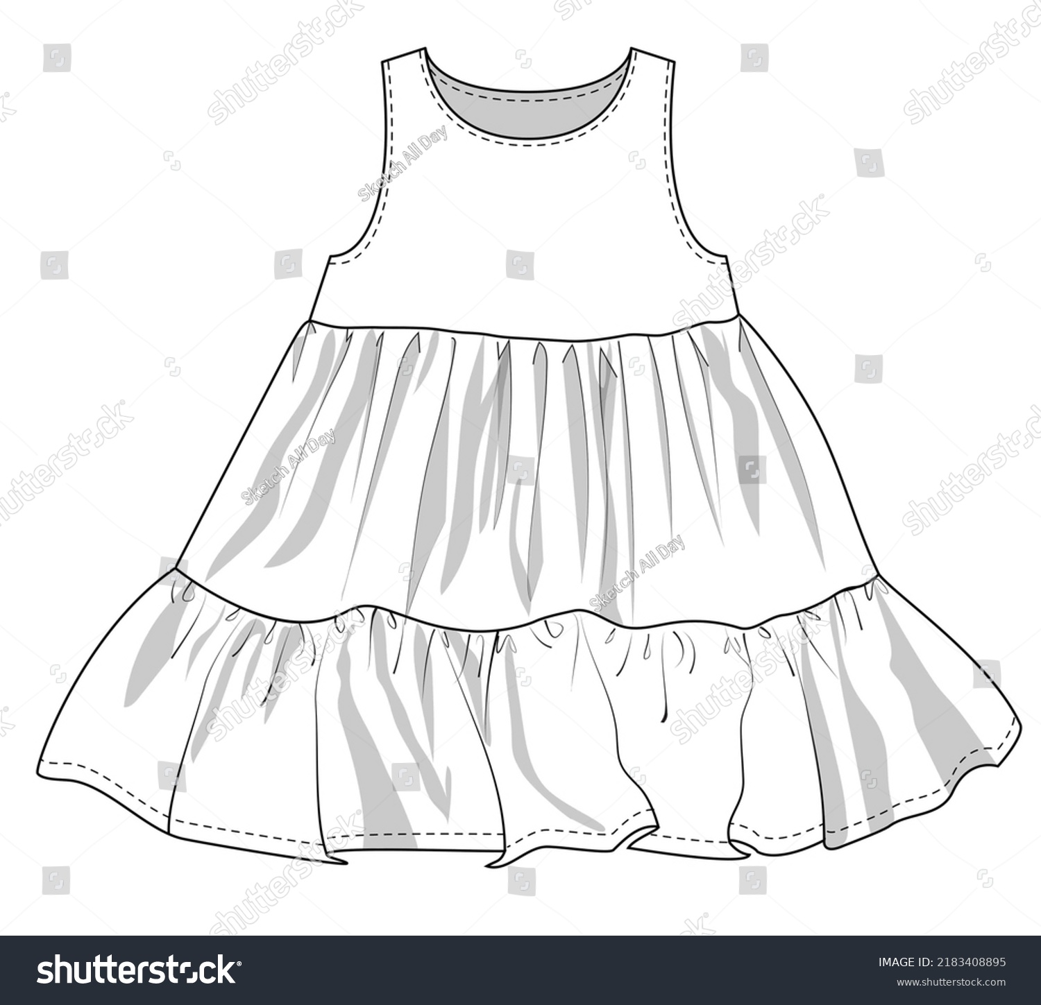 Tiered Dress Technical Drawing Flat Sketch Stock Illustration ...