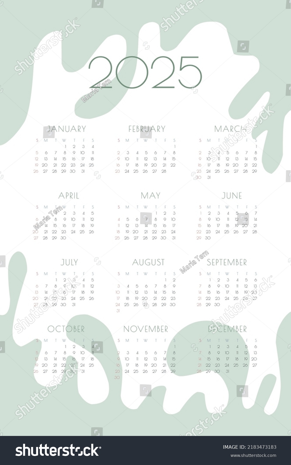 2025 Calendar Delicate Minimalist Design Pastel Stock Vector (Royalty