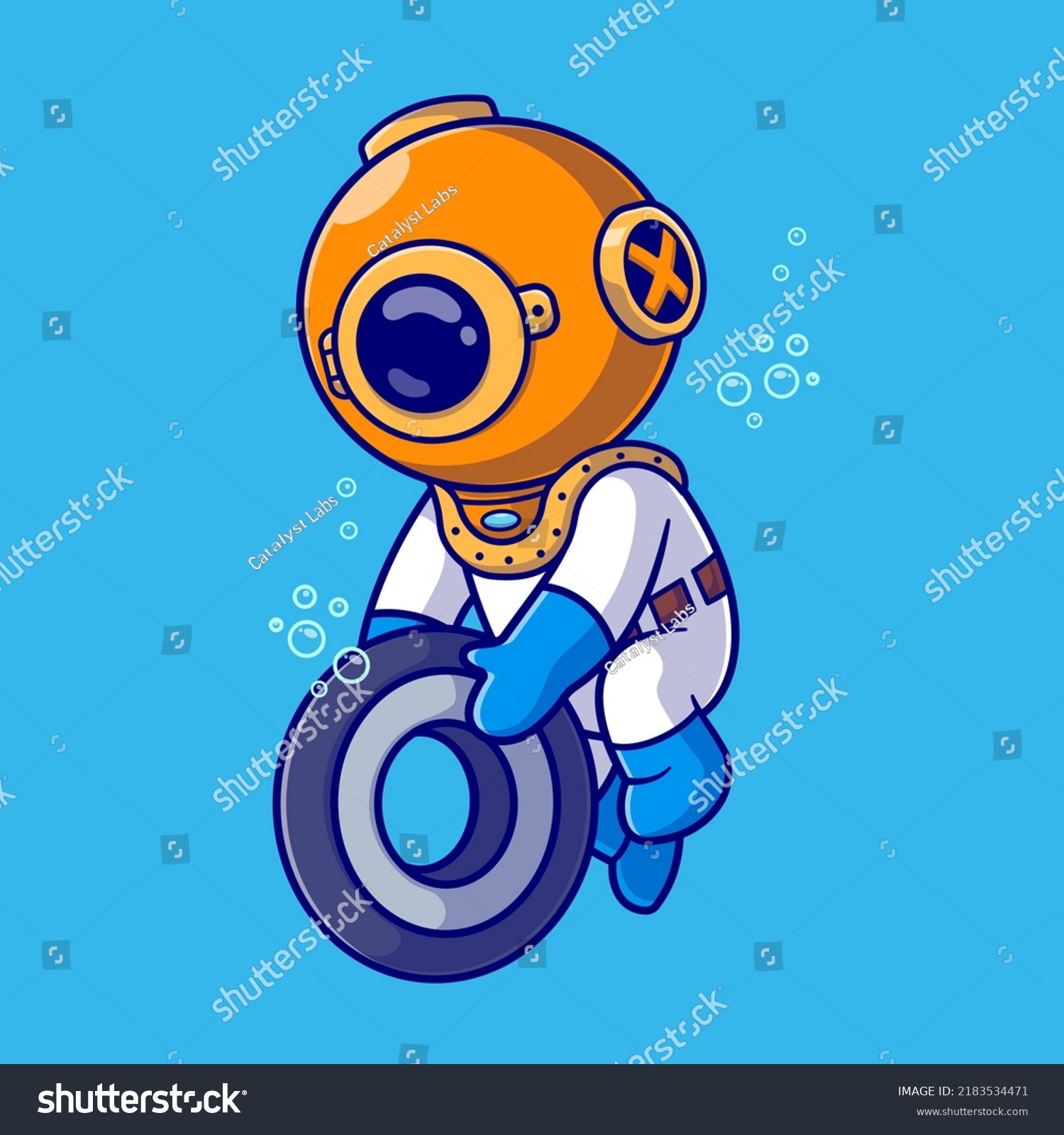 Cute Diver Holding Tires Ocean Cartoon Stock Vector (Royalty Free ...