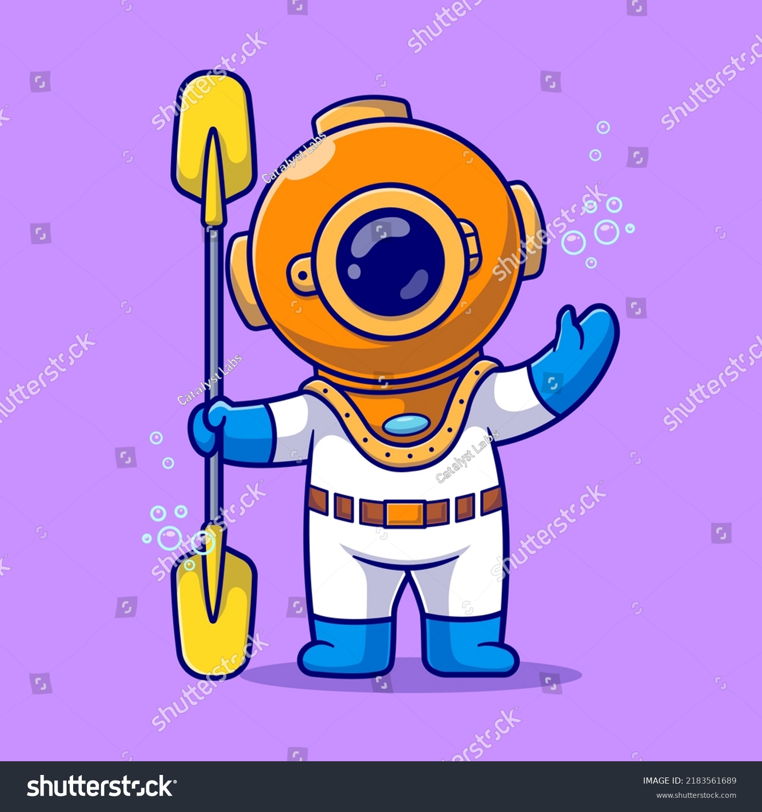 Cute Diver Holding Paddle Waving Hand Stock Vector (Royalty Free ...