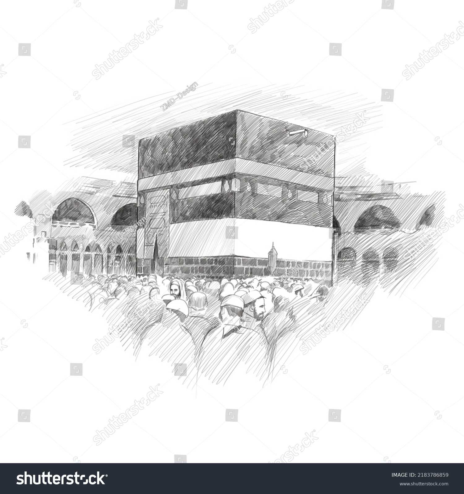 Pencil Drawing Muslims Circumambulating Kaaba Stock Illustration ...