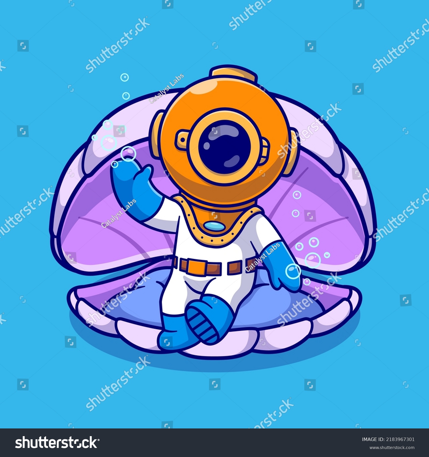 Cute Diver Waving Hand On Clam Stock Vector (Royalty Free) 2183967301 ...