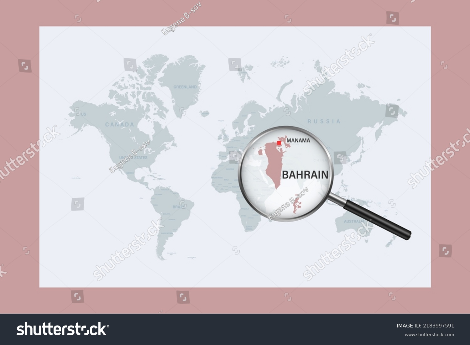 Map Bahrain On Political World Map Stock Vector Royalty Free   Stock Vector Map Of Bahrain On Political World Map With Magnifying Glass 2183997591 