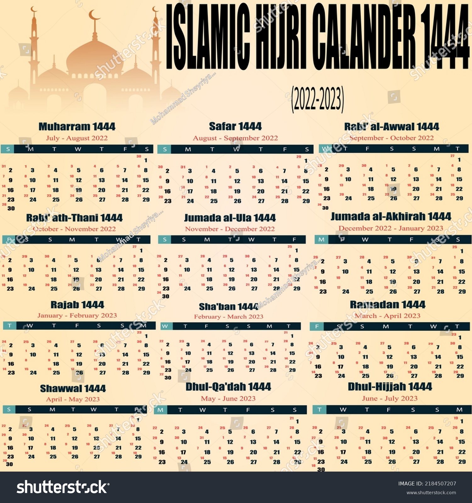 Hijri Islamic Calendar 2022 1443 1444 Stock Vector (Royalty Free ...