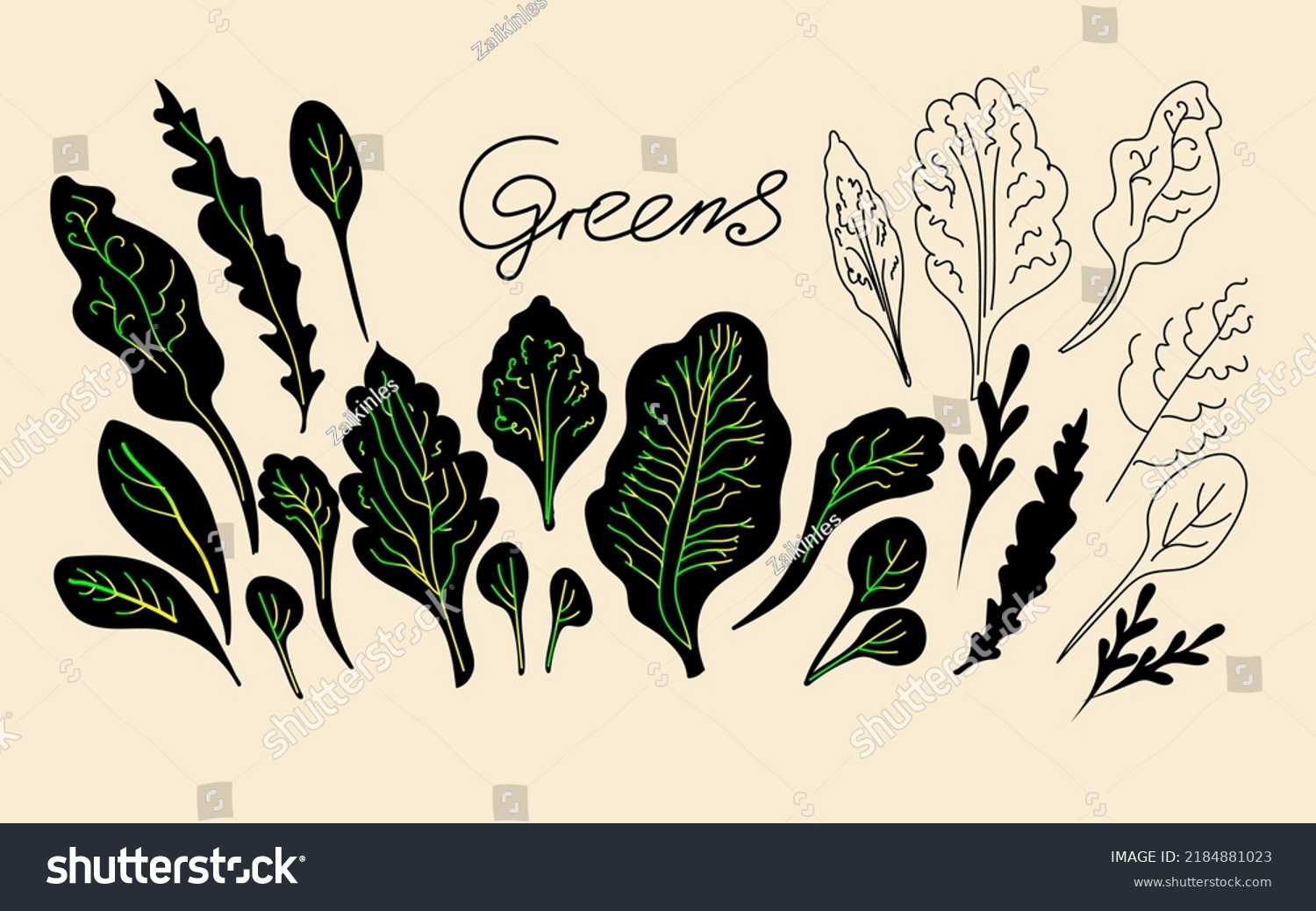 Greens Leaves Silhouettes Hand Drawn Doodle Stock Vector Royalty Free