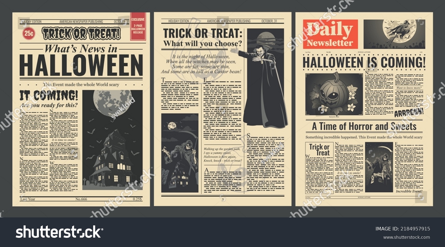 Halloween Periodical Vintage Style Newspapers Set Stock Vector (Royalty