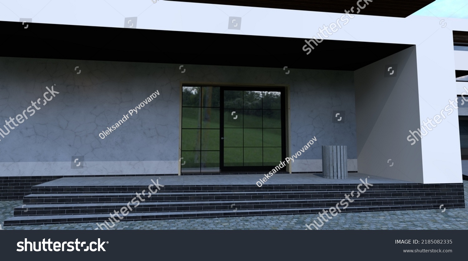 Entrance Luxury Home White Marble Finish Stock Illustration 2185082335   Stock Photo Entrance To A Luxury Home White Marble Finish Concrete Trash Can On The Porch Reflective Doors 2185082335 