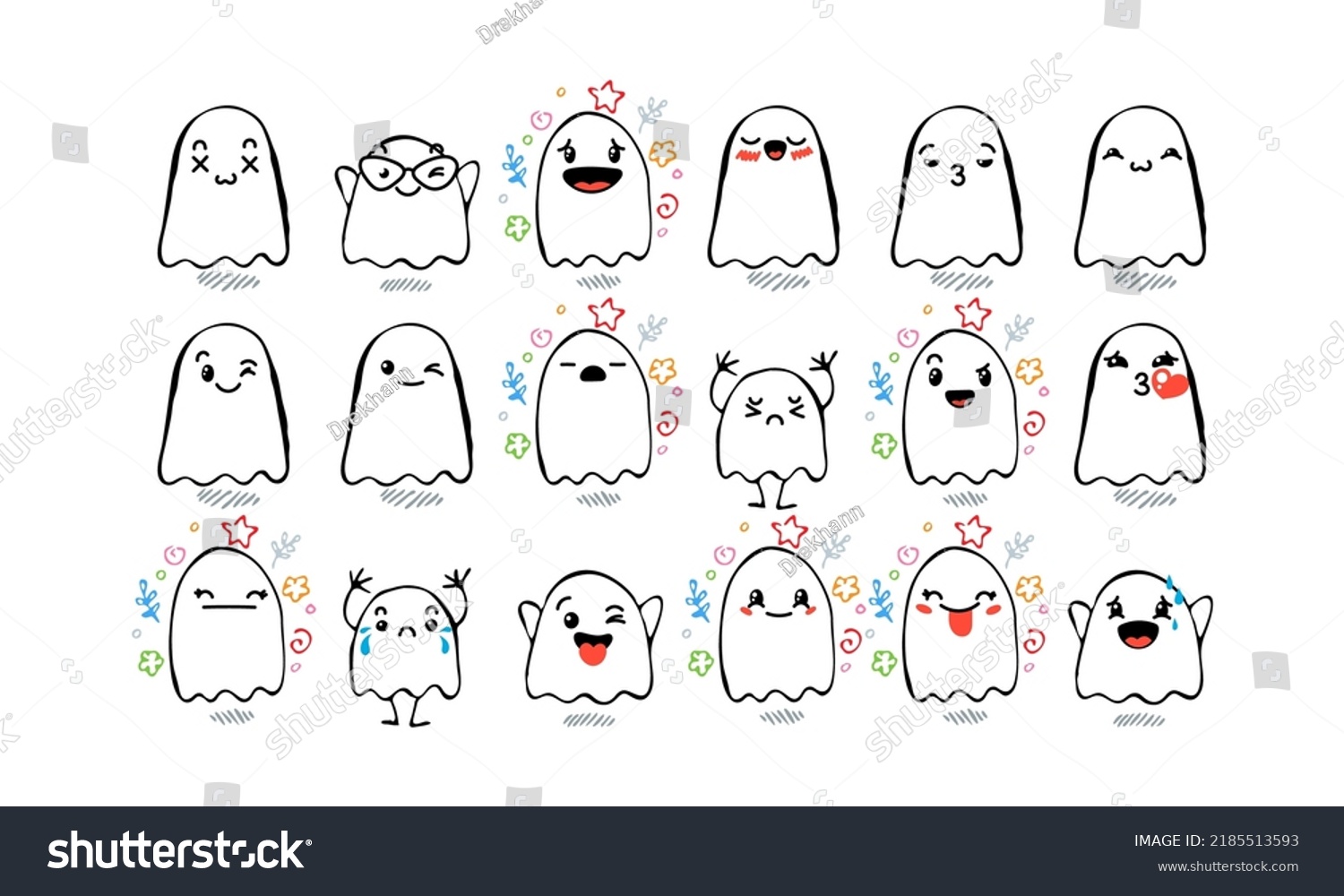 Set Various Cartoon Ghosts Emoticons Doodle Stock Vector (Royalty Free ...