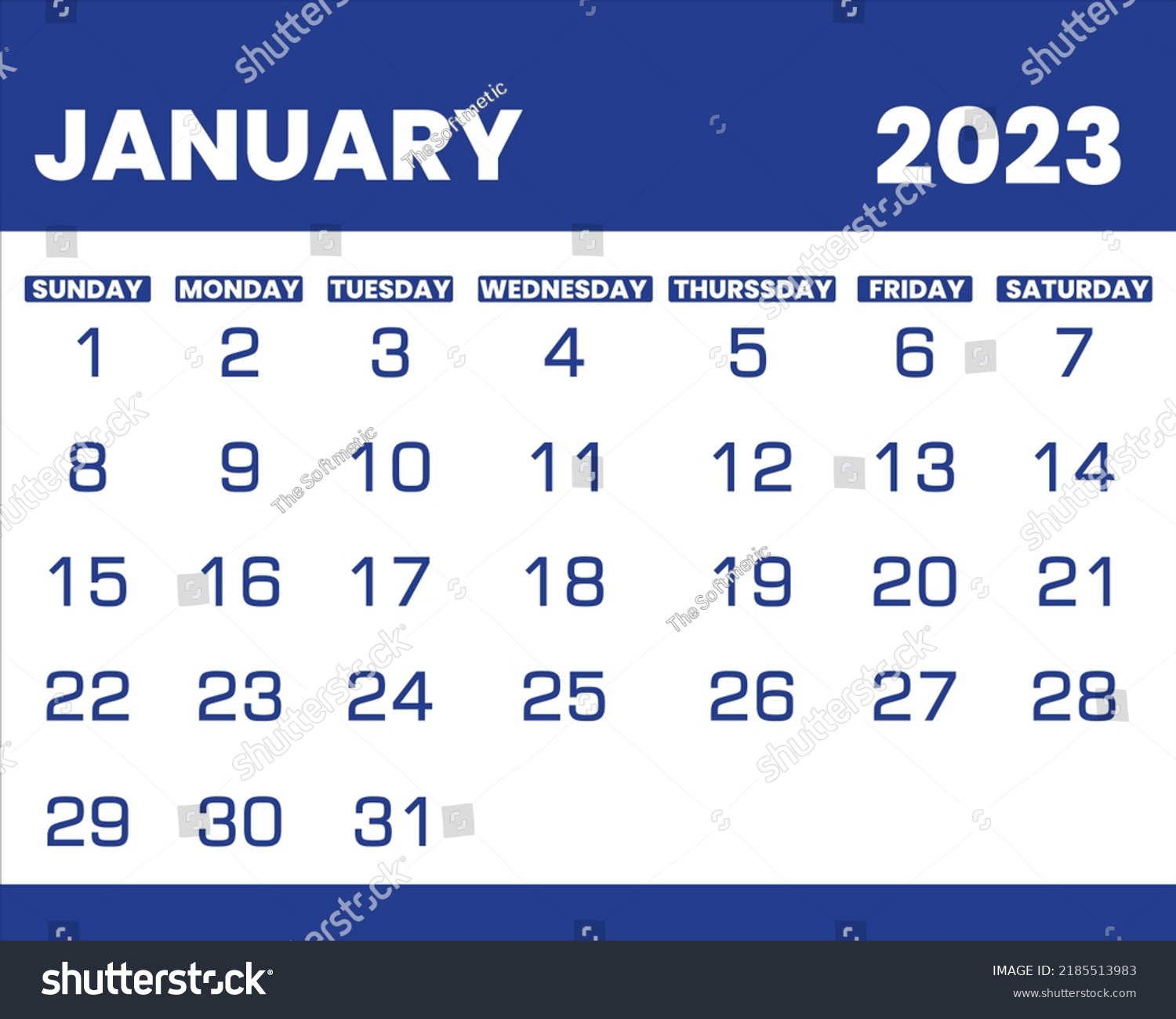 2023 January Illustration Vector Calendar Weeks Stock Vector (Royalty ...