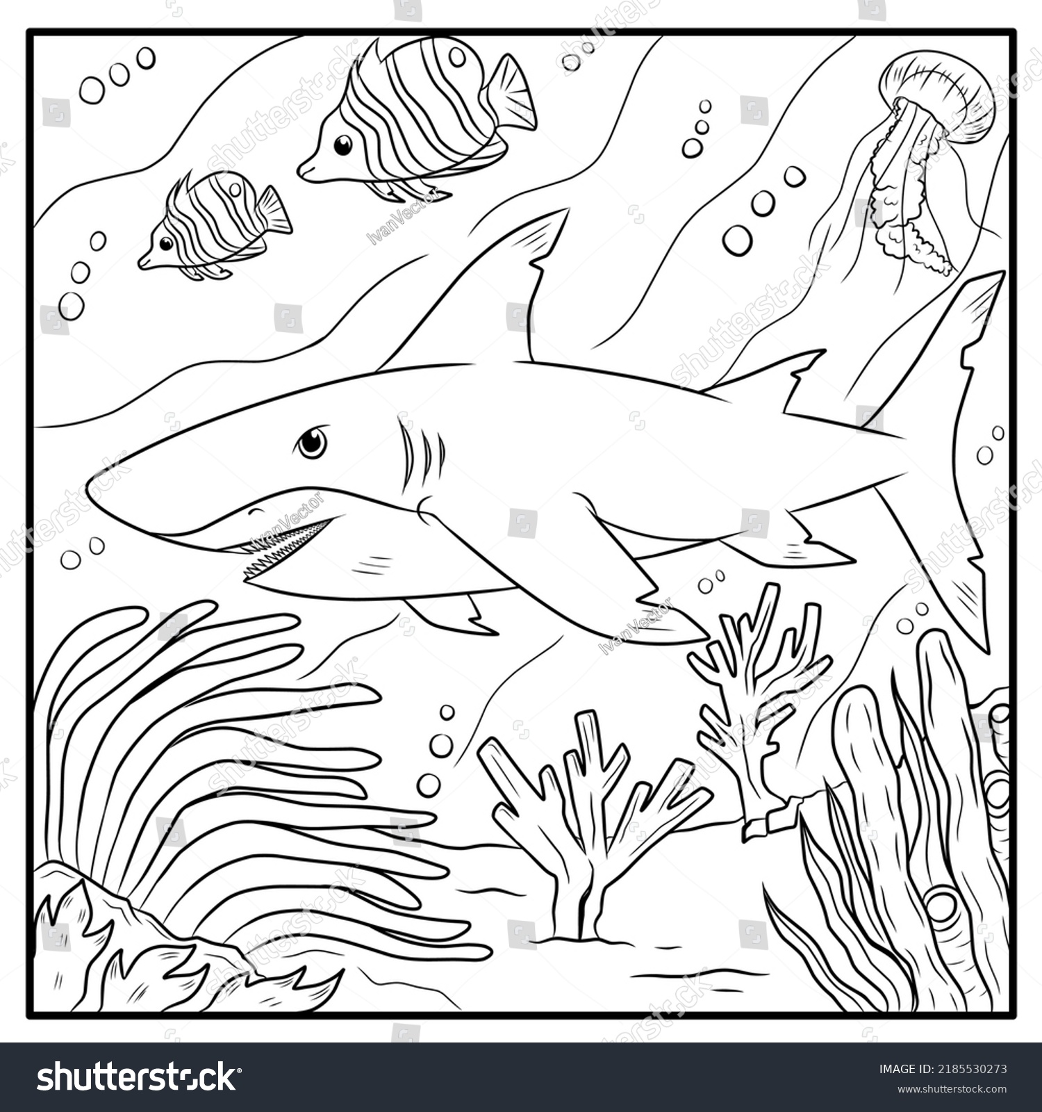 Coloring Page Outline Cartoon Shark Ocean Stock Vector (Royalty Free ...