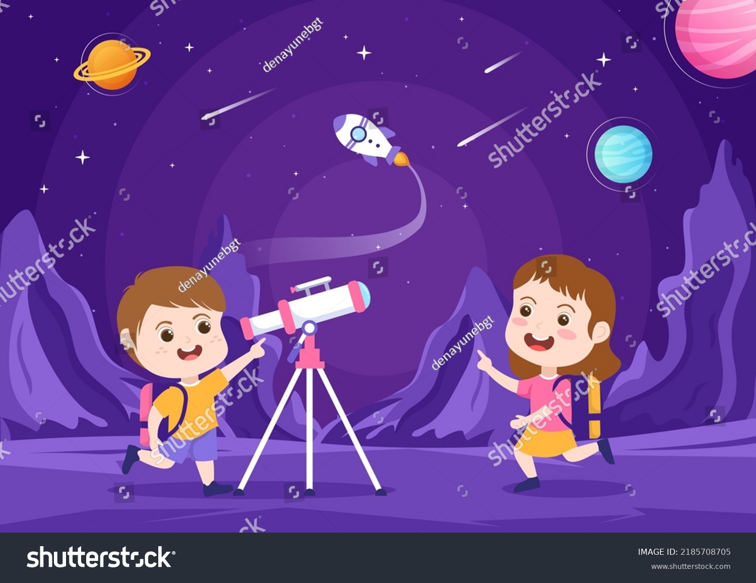 Astronomy Cartoon Illustration Cute Kids Watching Stock Vector (Royalty ...