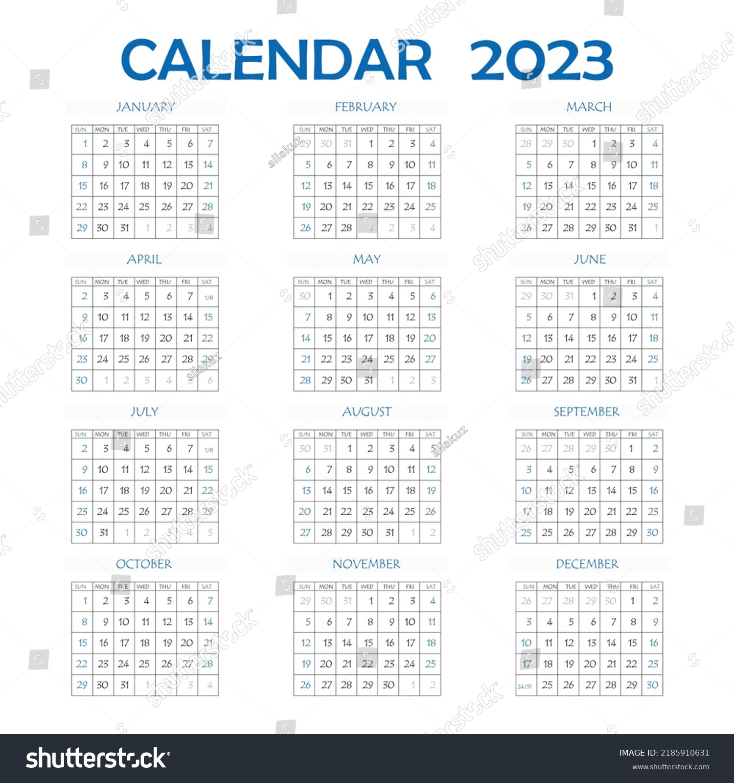 2023 Calendar Planner Corporate Week Template Stock Vector (Royalty