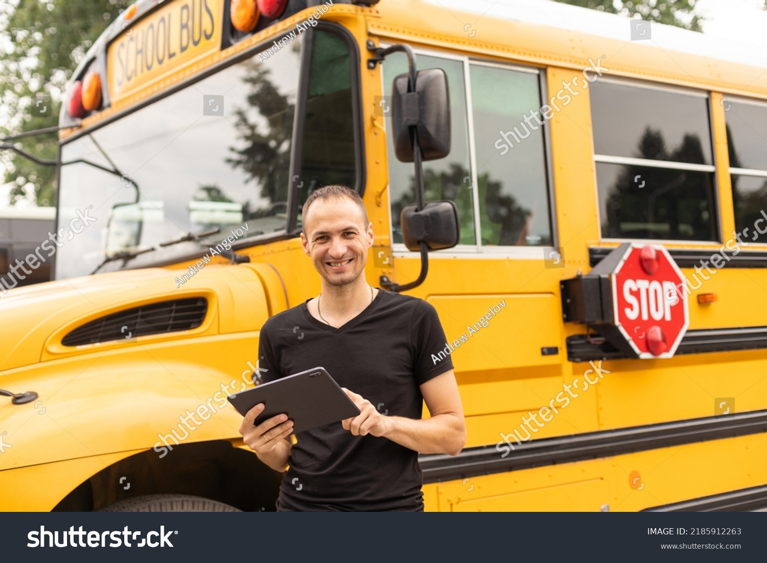 Male Teacher Near School Bus Stock Photo 2185912263 | Shutterstock