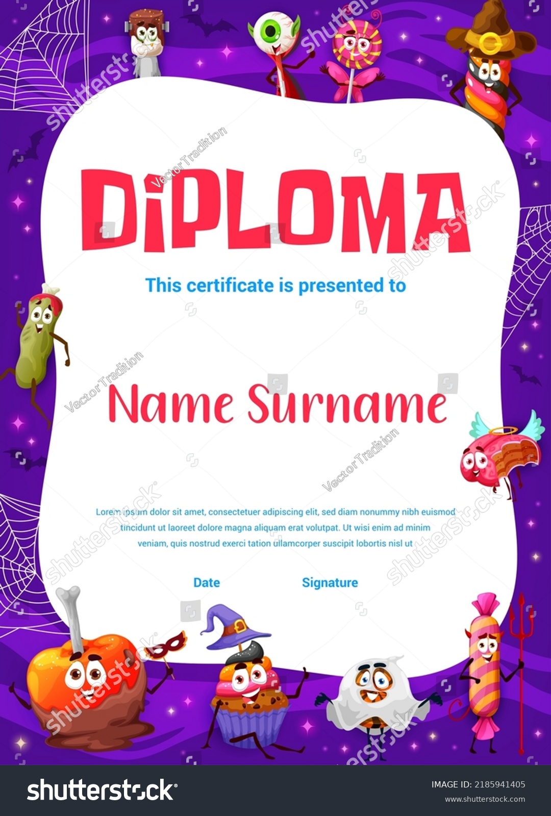 Kids Halloween Diploma Cartoon Halloween Candy Stock Vector (Royalty ...