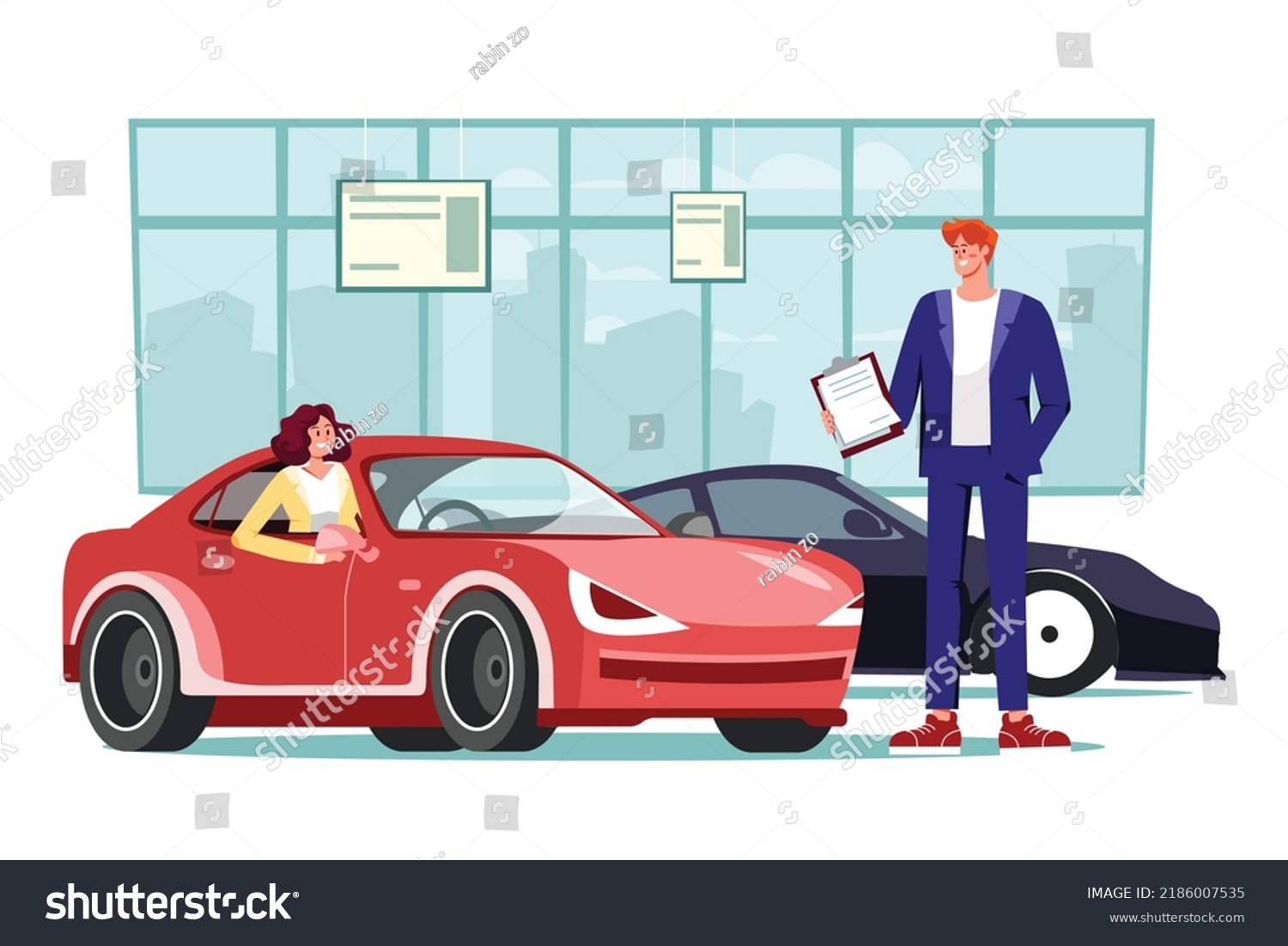 Young Woman Testing Car Car Showroom Stock Vector (Royalty Free ...