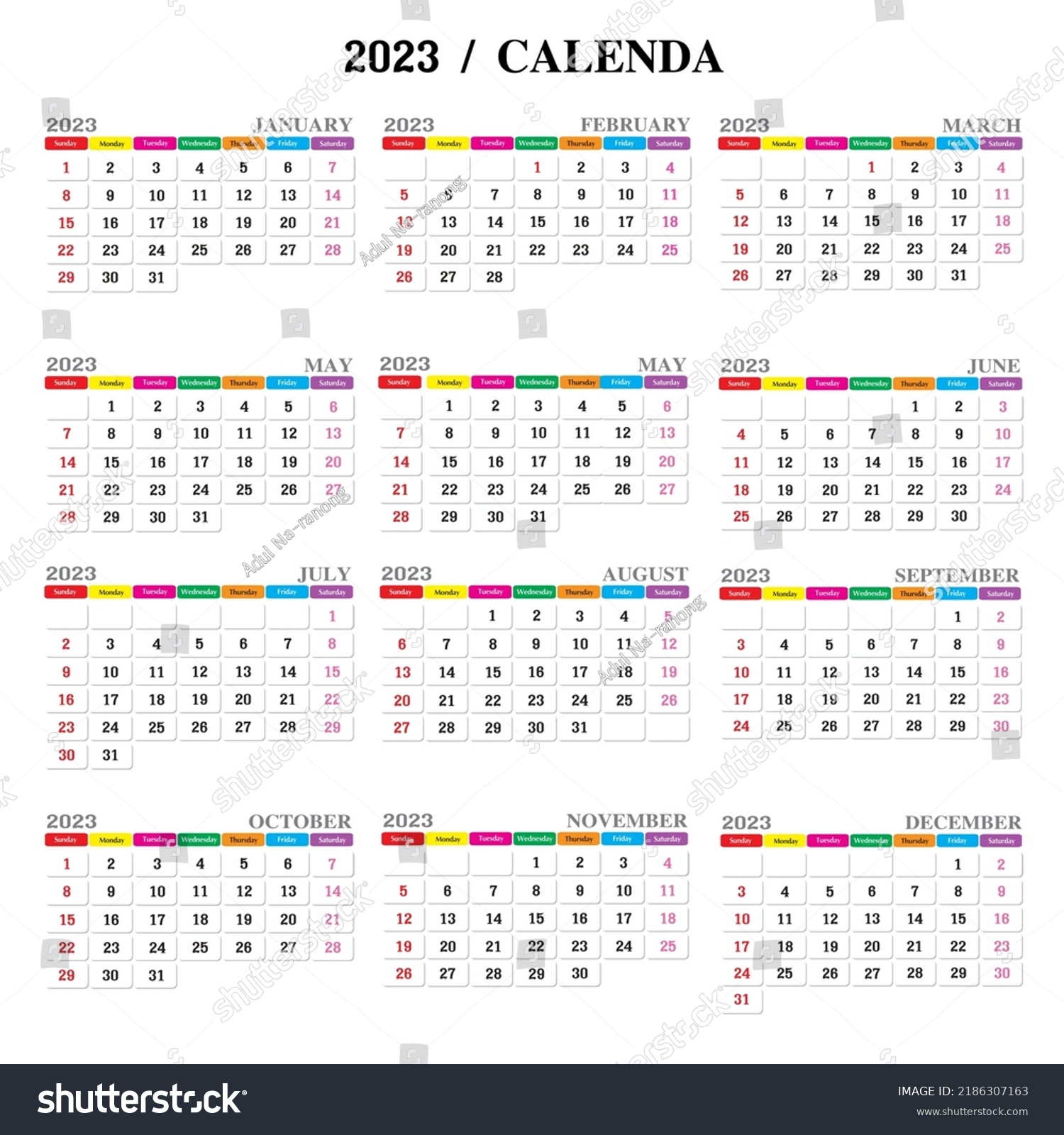 Yearly Calendar Vector Illustration 2023 Total Stock Vector (royalty 