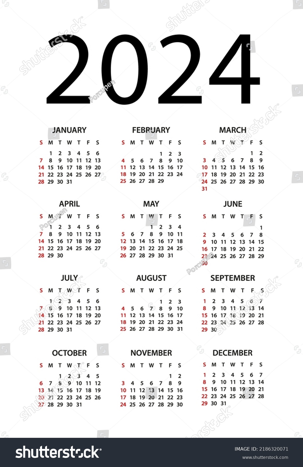 Calendar 2024 Year Vector Illustration Week Stock Vector (Royalty Free ...