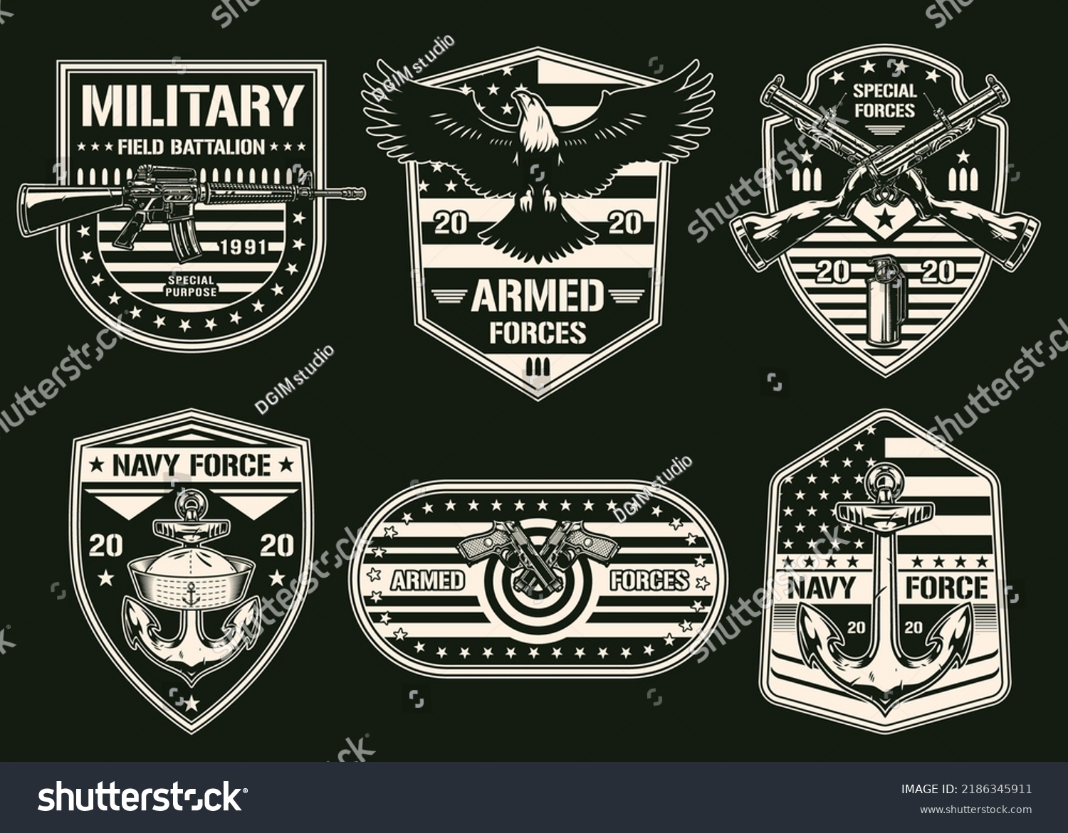 Army Set Sticker Monochrome Vintage Military Stock Vector (Royalty Free ...