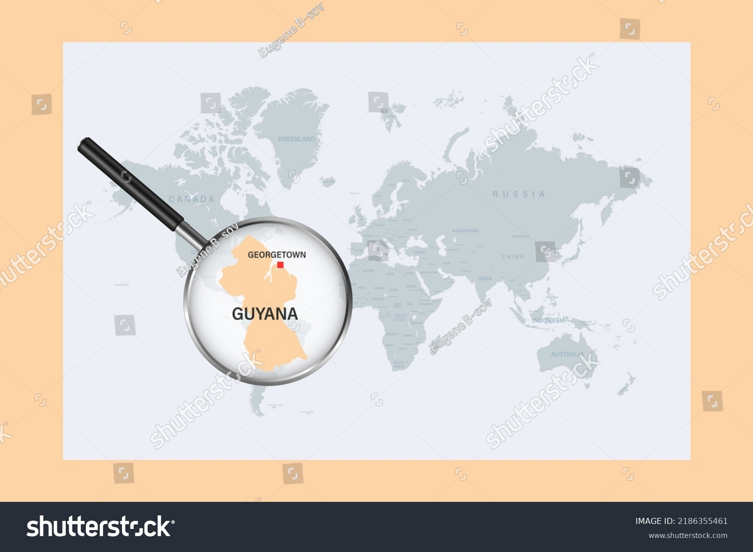 Map Guyana On Political World Map Stock Vector Royalty Free   Stock Vector Map Of Guyana On Political World Map With Magnifying Glass 2186355461 