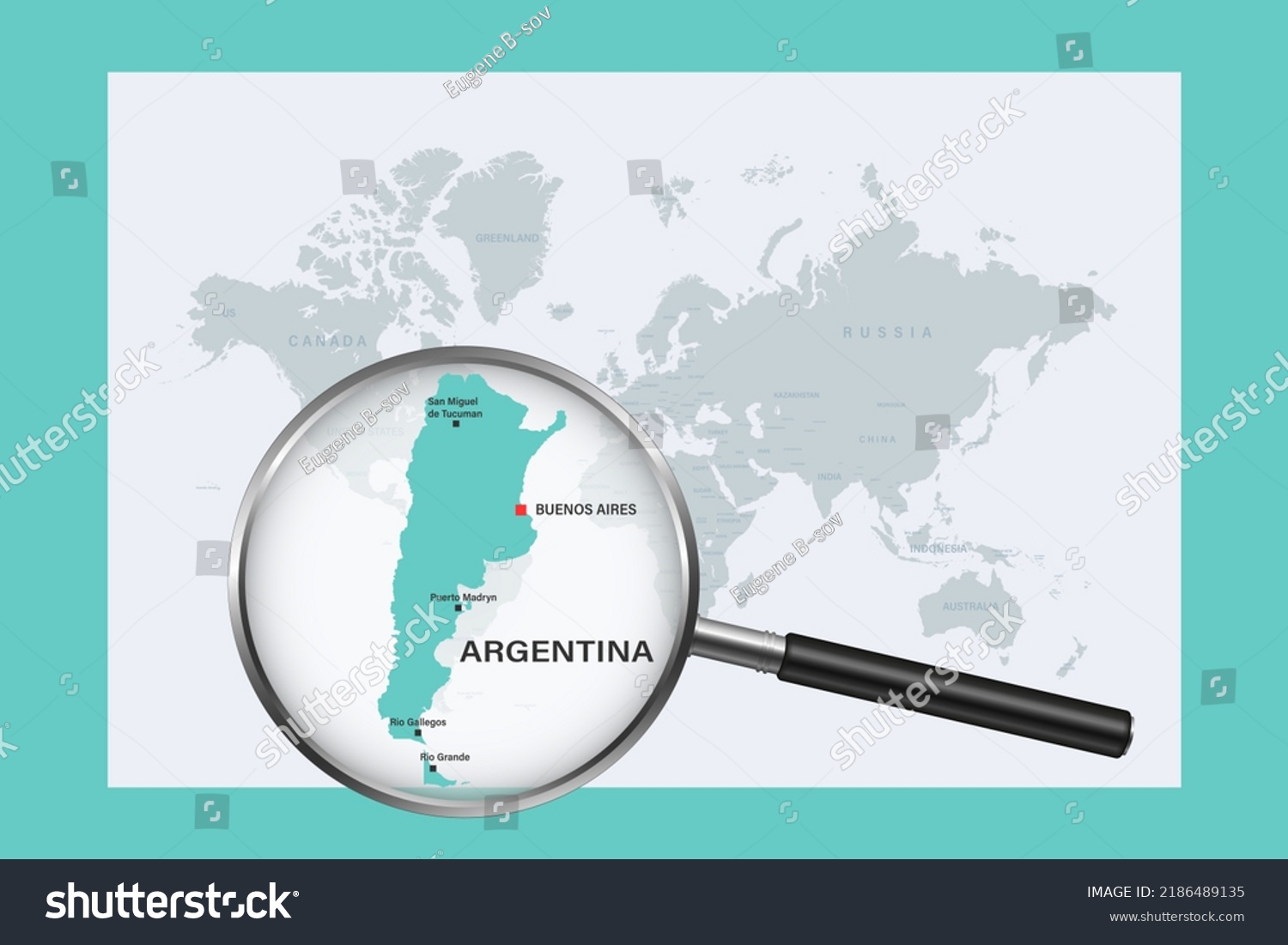 Map Argentina On Political World Map Stock Vector Royalty Free Stock Vector Map Of Argentina On Political World Map With Magnifying Glass 2186489135