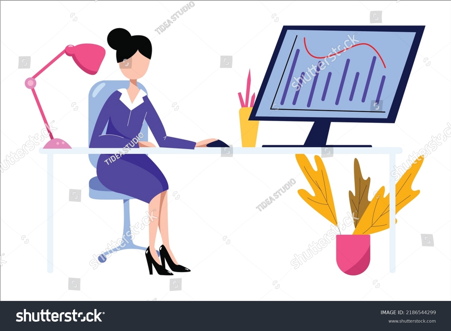 Office Woman Behind Desk Desktop Pc Stock Vector (Royalty Free ...