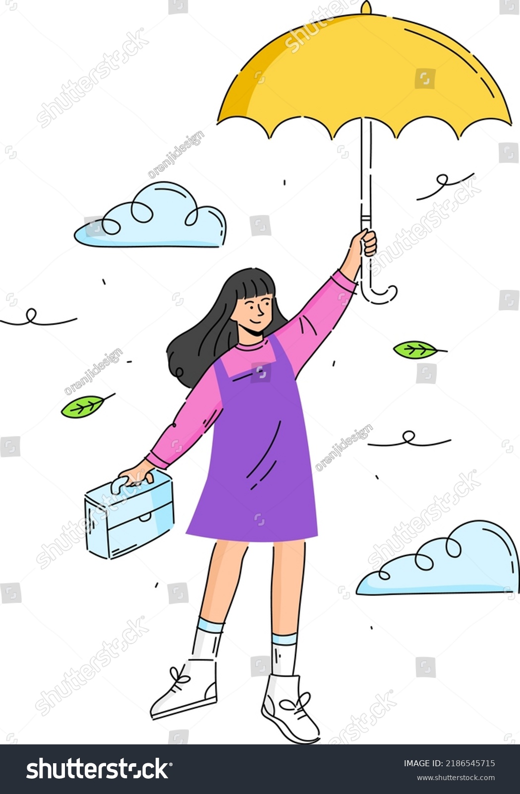 Flying Girl Holding Umbrella Illustration Stock Vector Royalty Free