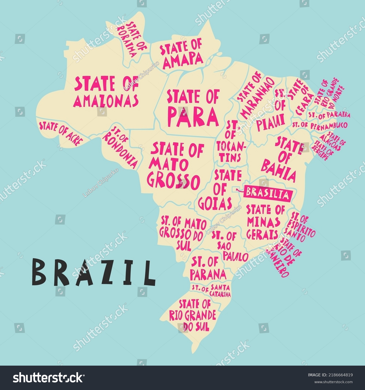 Vector Hand Drawn Stylized Map Brazil Stock Vector Royalty Free   Stock Vector Vector Hand Drawn Stylized Map Of Brazil States South America Map Element Federative Republic Of 2186664819 