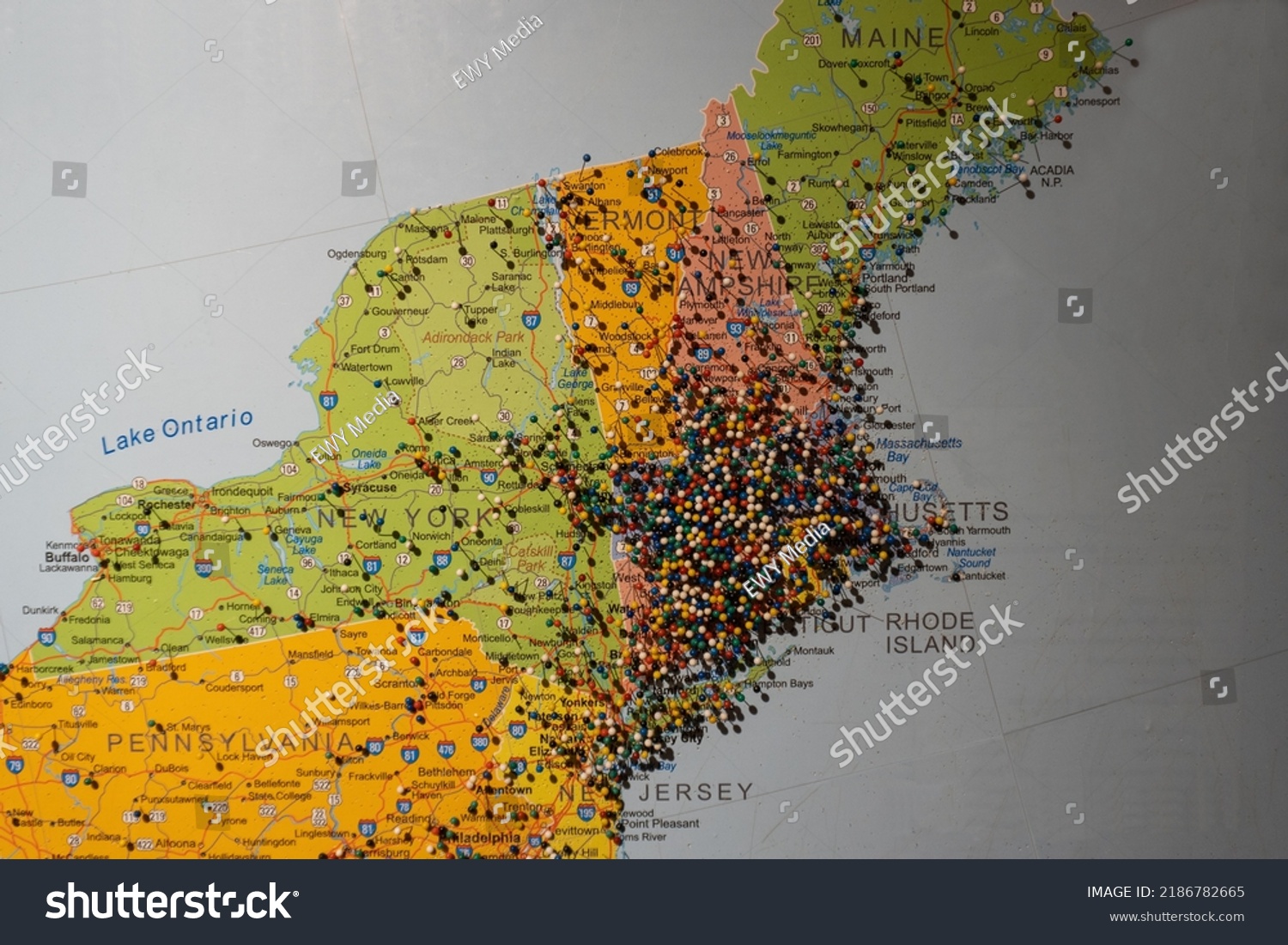 Stock Photo Boston Massachusetts Map Of New England United States With Pins Clustered Around 2186782665 