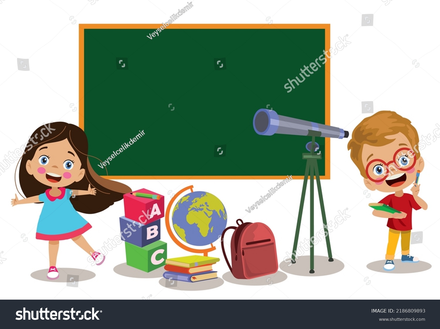 Happy Kids Classroom Telescope Cube Books Stock Vector (Royalty Free ...