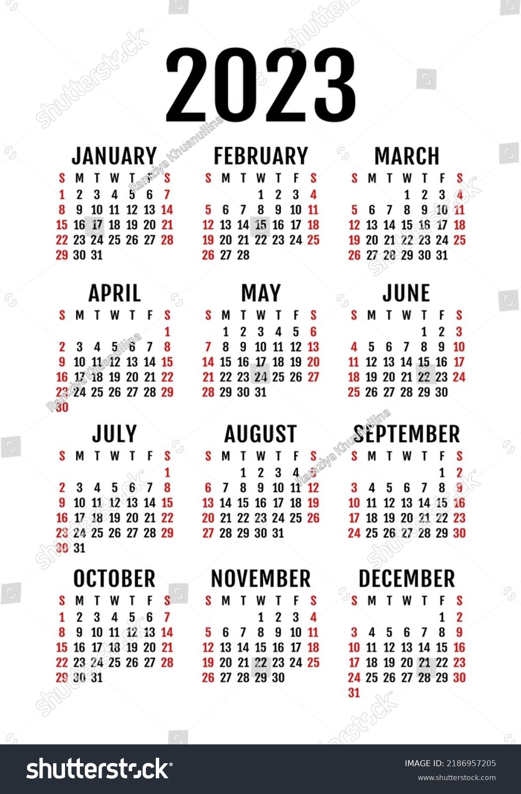 English Simple Calendar Template 2023 Vector Stock Vector (Royalty Free ...