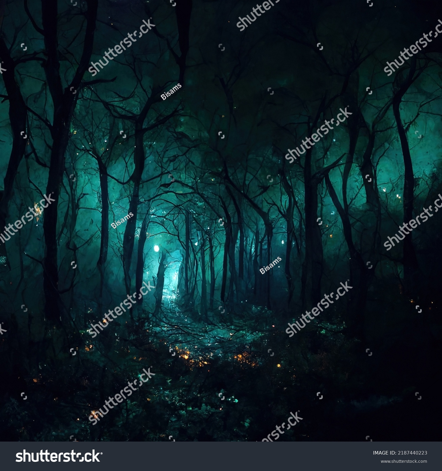 Realistic Haunted Forest Creepy Landscape Night Stock Illustration ...