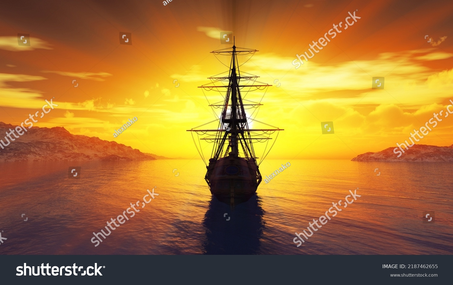 Old Ship Sunset Sea Illustration 3d Stock Illustration 2187462655