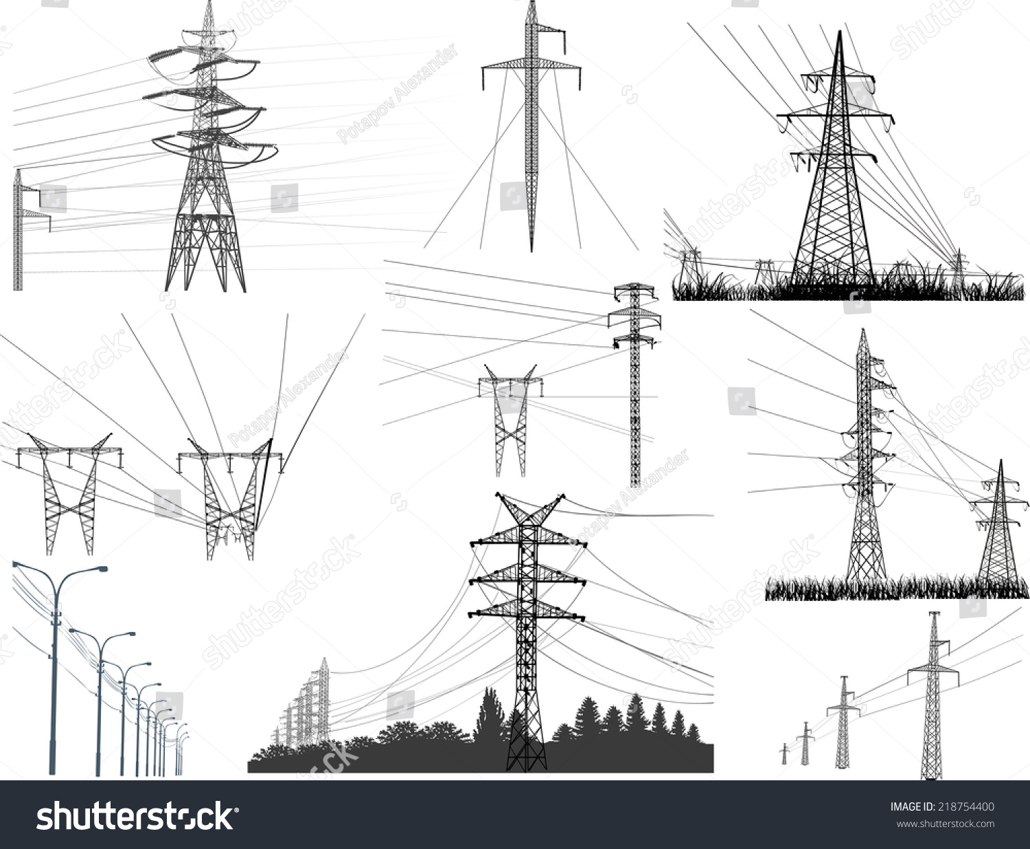 Illustration electric towers collection isolated on stock vector
