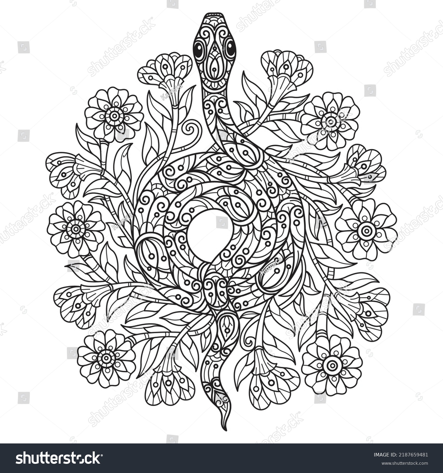 Snake Flowers Hand Drawn Adult Coloring Stock Vector (royalty Free 